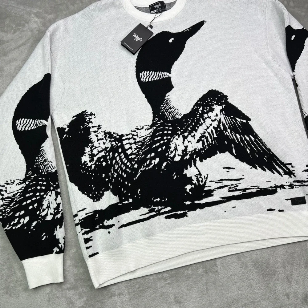 Waggle Loon Call Wildknit Crewneck‎ Sweater Mens XL White Black Bird Graphic - Picture 2 of 11